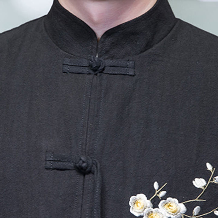 Buddha Stones Plum Blossom Embroidery Cuff Flower Design Frog-button Tang Suit Cotton Linen Men's Jacket Shirt  - image 9