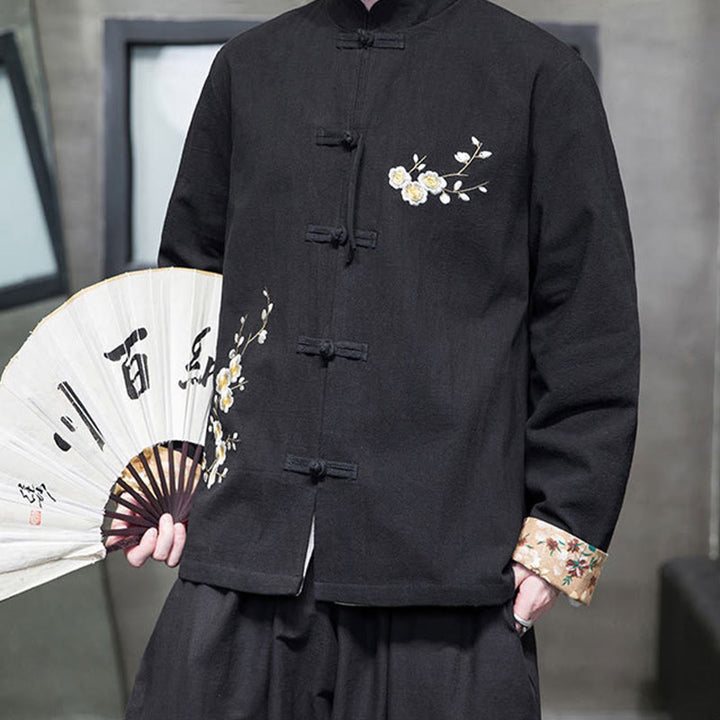 Buddha Stones Plum Blossom Embroidery Cuff Flower Design Frog-button Tang Suit Cotton Linen Men's Jacket Shirt  - image 3