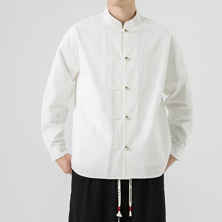 Buddha Stones Solid Color Frog-button Tang Suit Cotton Men's Jacket Shirt  - White - US/UK/AU46，EU56 (5XL) - image 10