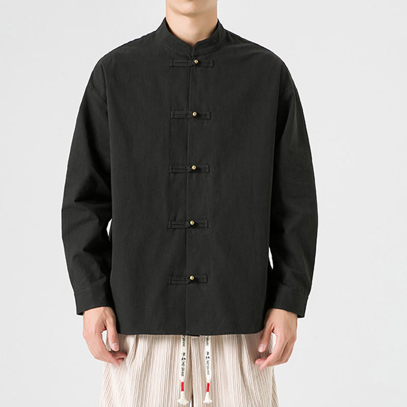 Buddha Stones Solid Color Frog-button Tang Suit Cotton Men's Jacket Shirt  - Black - US/UK/AU46，EU56 (5XL) - image 0