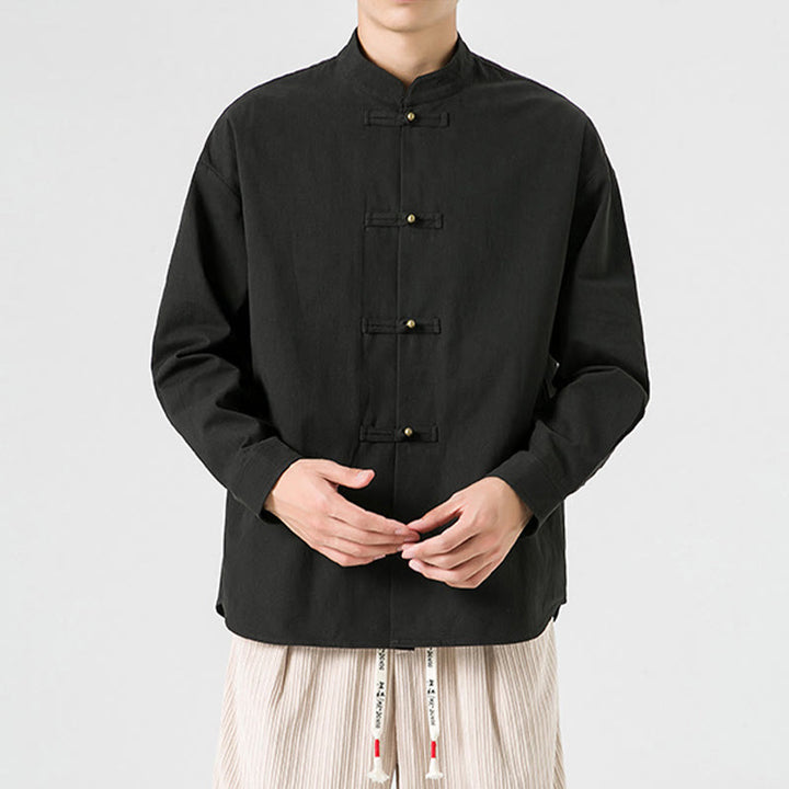 Buddha Stones Solid Color Frog-button Tang Suit Cotton Men's Jacket Shirt  - image 6