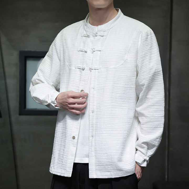 Buddha Stones Solid Color Half Frog-button Tang Suit Cotton Linen Men's Jacket Shirt  - White - US/UK/AU46，EU56 (5XL) - image 8