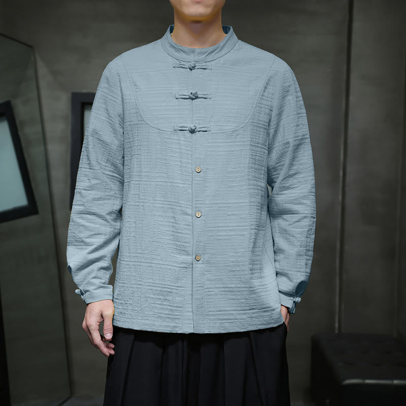 Buddha Stones Solid Color Half Frog-button Tang Suit Cotton Linen Men's Jacket Shirt  - image 6