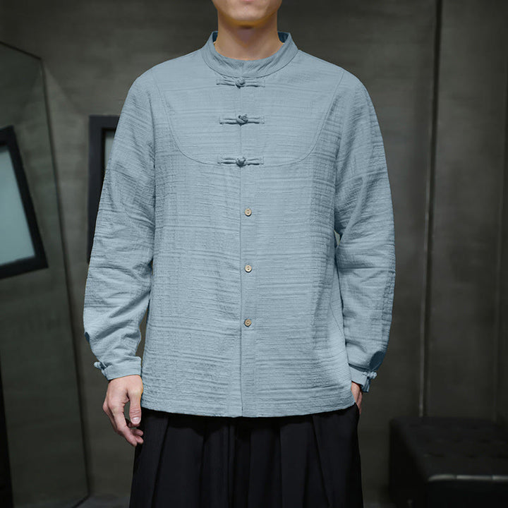 Buddha Stones Solid Color Half Frog-button Tang Suit Cotton Linen Men's Jacket Shirt  - image 6