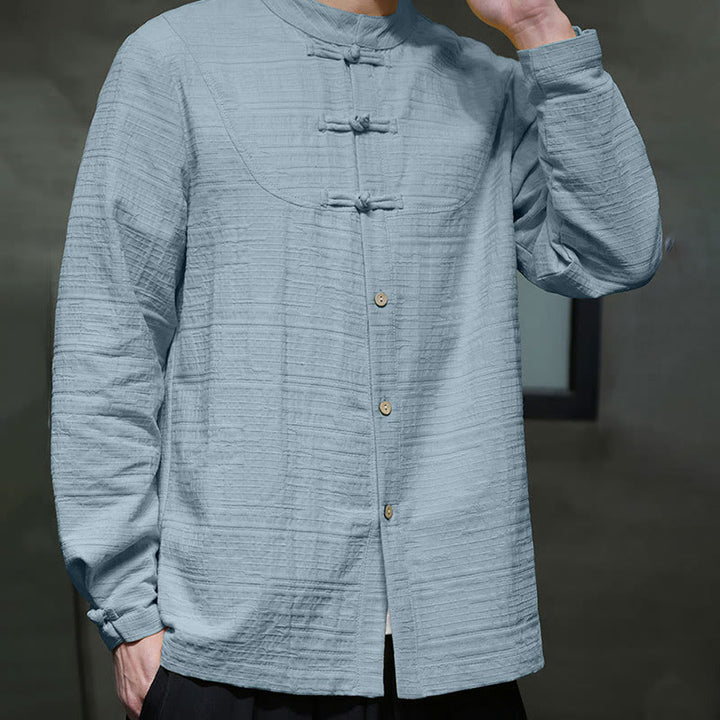 Buddha Stones Solid Color Half Frog-button Tang Suit Cotton Linen Men's Jacket Shirt  - image 4