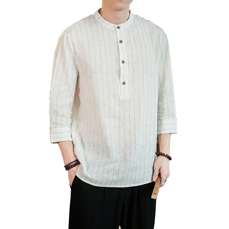 Buddha Stones Half Button Striped Three Quarter Sleeves Linen Men's Shirt