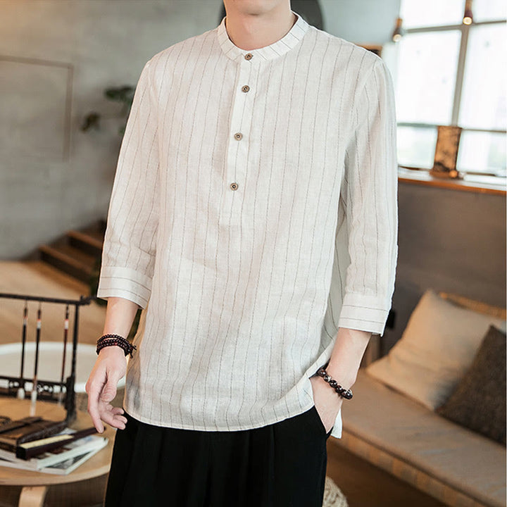 Buddha Stones Half Button Striped Three Quarter Sleeves Linen Men's Shirt