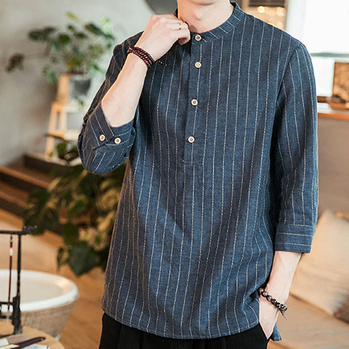 Buddha Stones Half Button Striped Three Quarter Sleeves Linen Men's Shirt