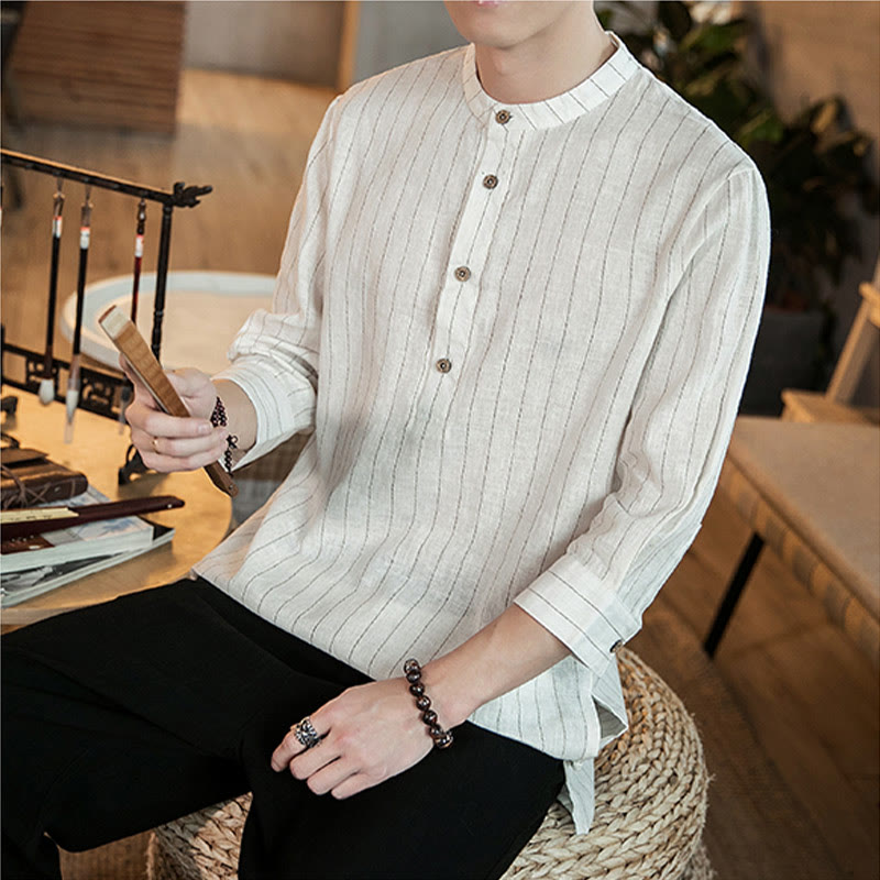 Buddha Stones Half Button Striped Three Quarter Sleeves Linen Men's Shirt