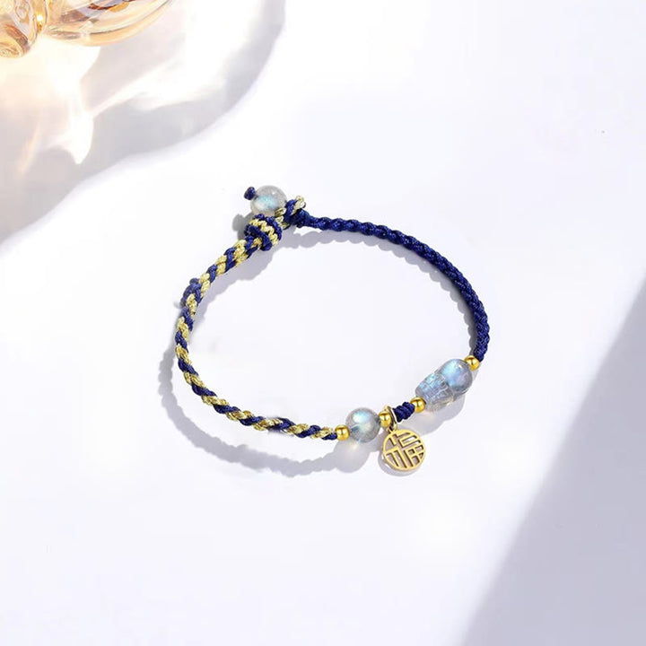 Buddha Stones Moonstone PiXiu Blue Tiger Eye Fu Character Healing Couple String Bracelet