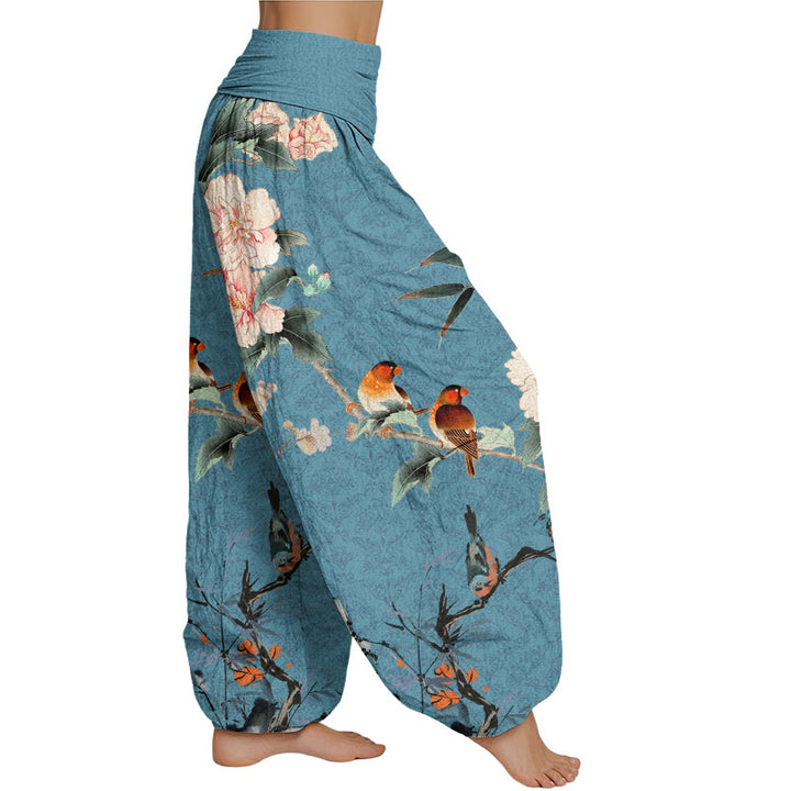 Buddha Stones Warbler Bird Blooming Flower Branches Mandala Pattern Women's Elastic Waist Harem Pants