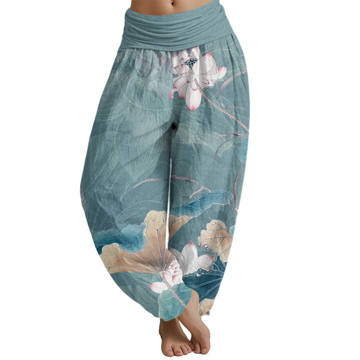 Buddha Stones Lotus Flowers Leaves Pattern Women's Elastic Waist Harem Pants