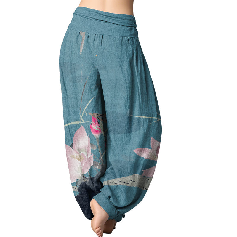 Buddha Stones Pink Lotus Leaves Bird Pattern Women's Elastic Waist Harem Pants