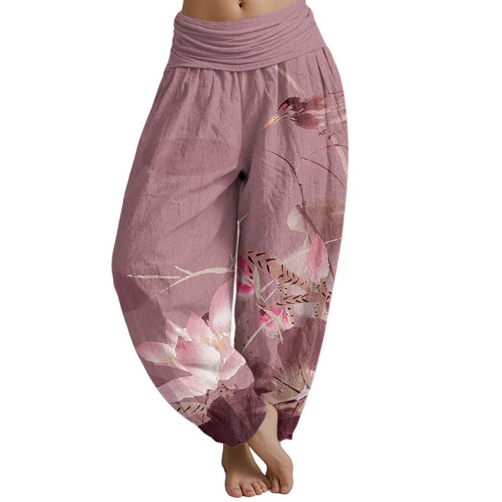 Buddha Stones Pink Lotus Leaves Bird Pattern Women's Elastic Waist Harem Pants