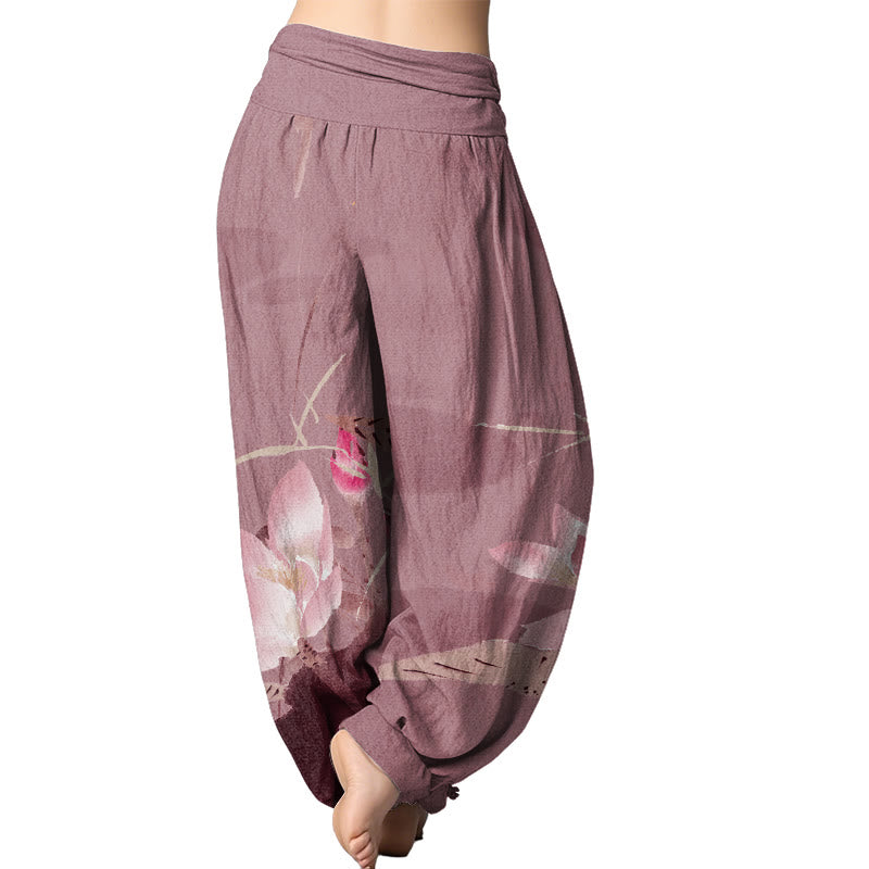 Buddha Stones Pink Lotus Leaves Bird Pattern Women's Elastic Waist Harem Pants