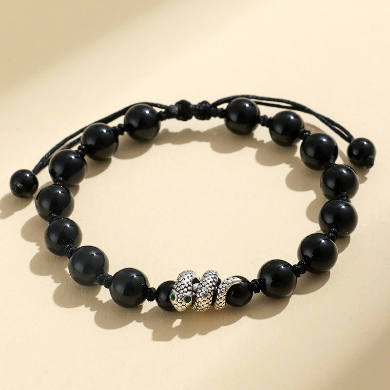 Buddha Stones Black Onyx White Cat's Eye Beads Year Of The Snake Protection Bracelet