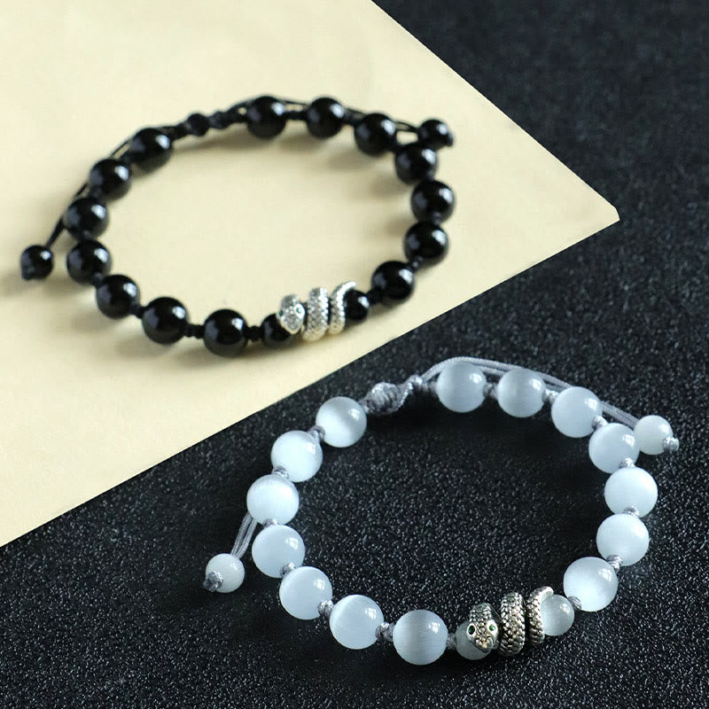 Buddha Stones Black Onyx White Cat's Eye Beads Year Of The Snake Protection Bracelet