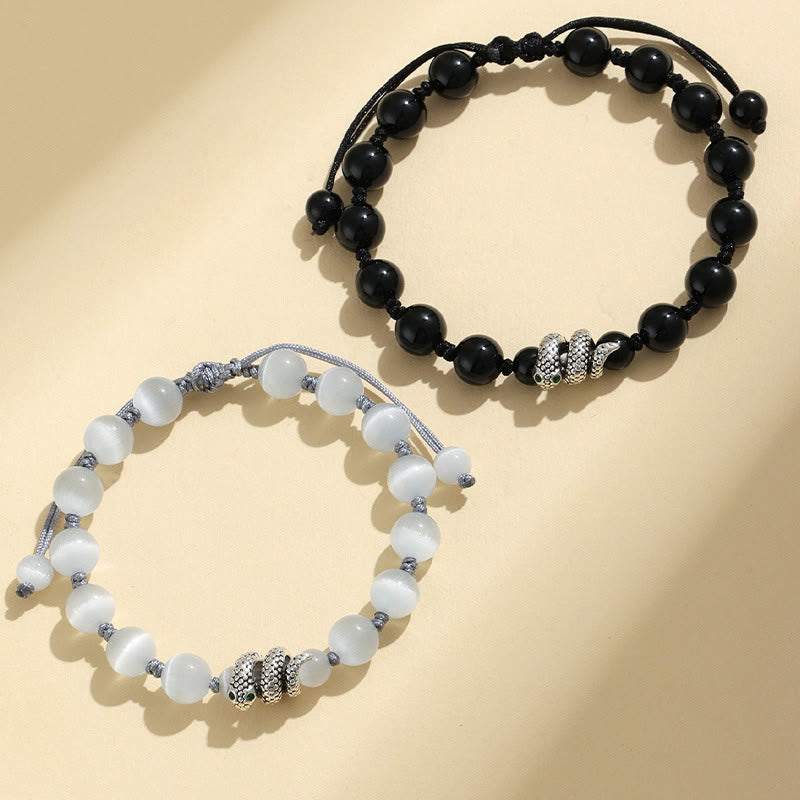 Buddha Stones Black Onyx White Cat's Eye Beads Year Of The Snake Protection Bracelet