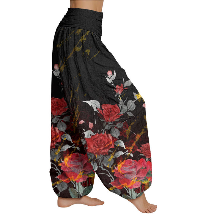 Buddha Stones Blooming Roses Pattern Women's Elastic Waist Harem Pants