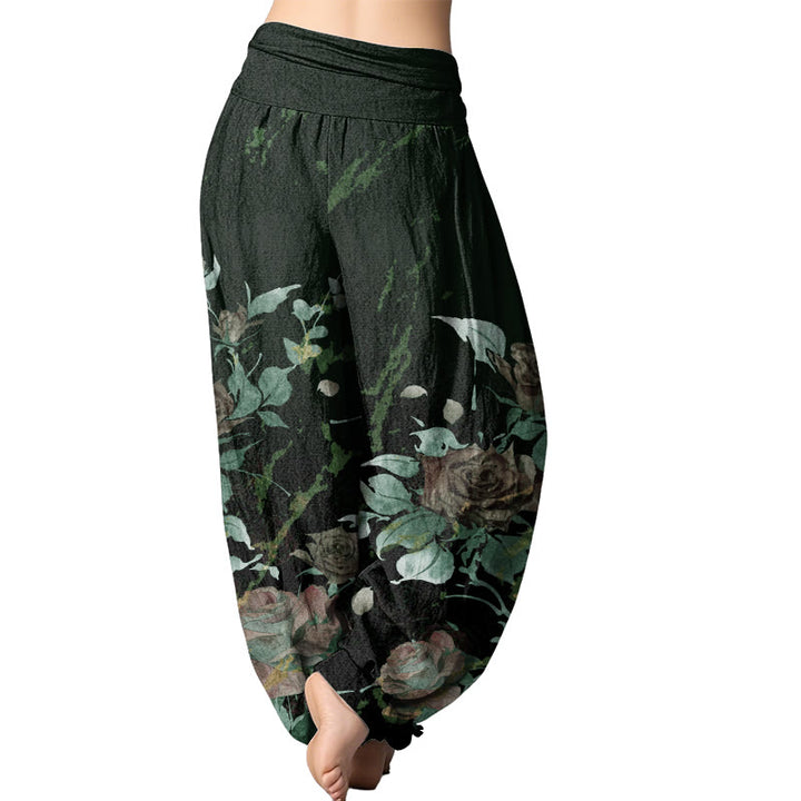 Buddha Stones Blooming Roses Pattern Women's Elastic Waist Harem Pants