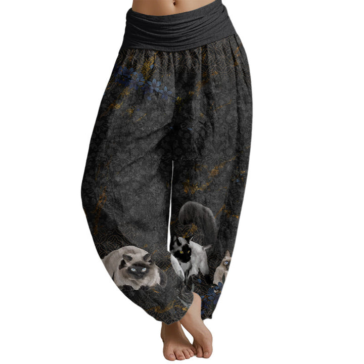 Buddha Stones Siamese Cats Flower Coin Pattern Women's Elastic Waist Harem Pants