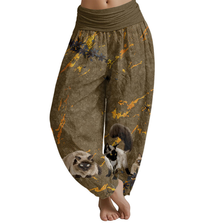 Buddha Stones Siamese Cats Flower Coin Pattern Women's Elastic Waist Harem Pants