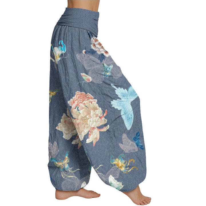 Buddha Stones Chrysanthemums Butterflies Pattern Women's Elastic Waist Harem Pants