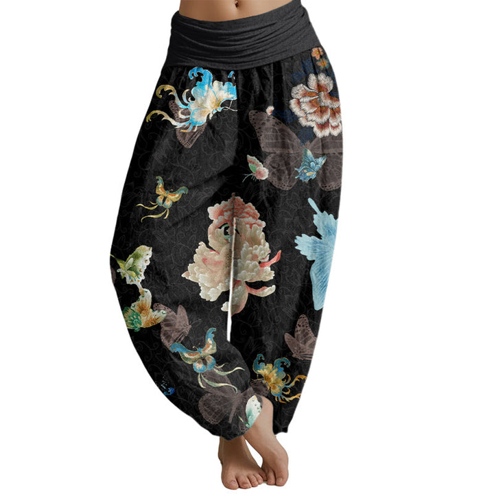 Buddha Stones Chrysanthemums Butterflies Pattern Women's Elastic Waist Harem Pants