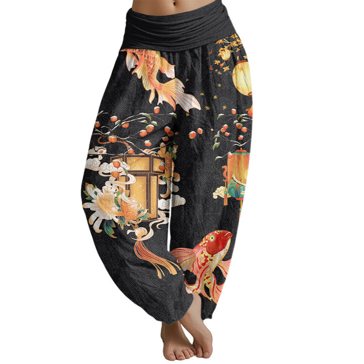 Buddha Stones Koi Fish Lanterns Chrysanthemums Fruit Trees Women's Elastic Waist Harem Pants