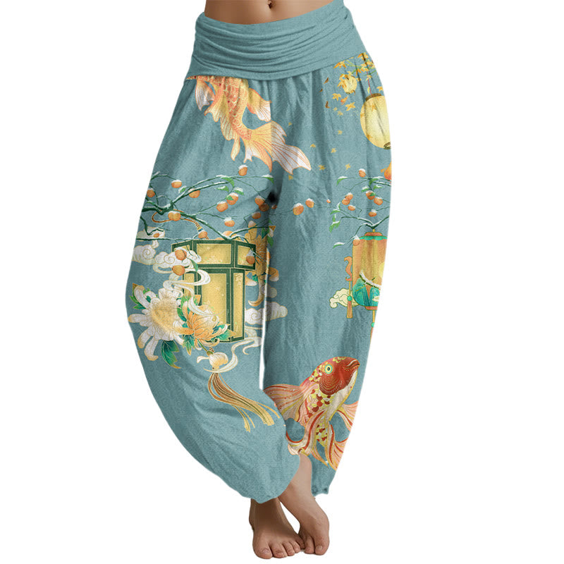 Buddha Stones Koi Fish Lanterns Chrysanthemums Fruit Trees Women's Elastic Waist Harem Pants