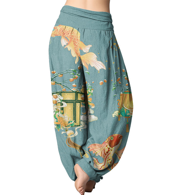 Buddha Stones Koi Fish Lanterns Chrysanthemums Fruit Trees Women's Elastic Waist Harem Pants