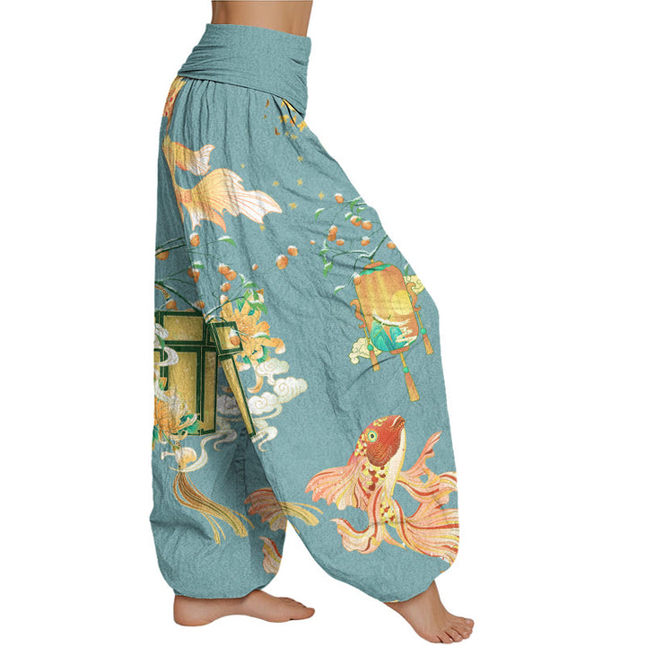 Buddha Stones Koi Fish Lanterns Chrysanthemums Fruit Trees Women's Elastic Waist Harem Pants