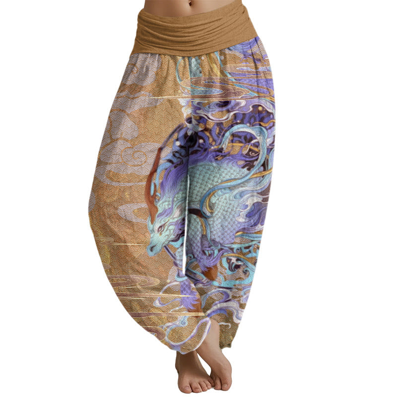 Buddha Stones Dragons Auspicious Clouds Pattern Women's Elastic Waist Harem Pants