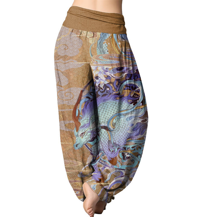 Buddha Stones Dragons Auspicious Clouds Pattern Women's Elastic Waist Harem Pants