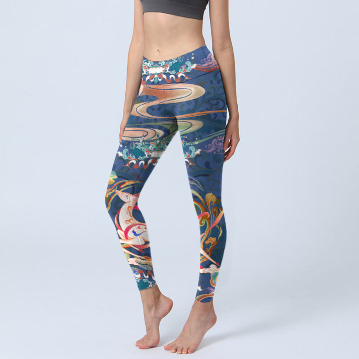 Buddha Stones Deer Auspicious Clouds Lotus Gym Leggings Women's Yoga Pants - DarkBlue - US18，UK/AU22，EU50 (4XL) - image 0