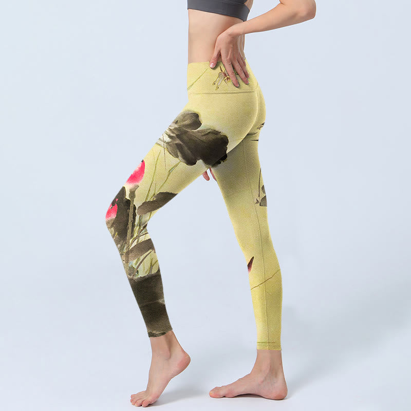 Buddha Stones Pink Blooming And Unbloomed Lotus Print Gym Leggings Women's Yoga Pants