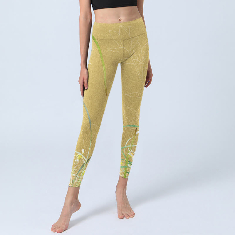 Buddha Stones Yellow Orchid Flowers Weeping Leaves Print Gym Leggings Women's Yoga Pants