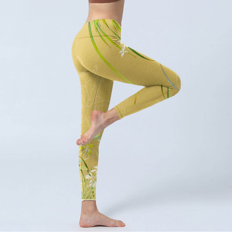 Buddha Stones Yellow Orchid Flowers Weeping Leaves Print Gym Leggings Women's Yoga Pants