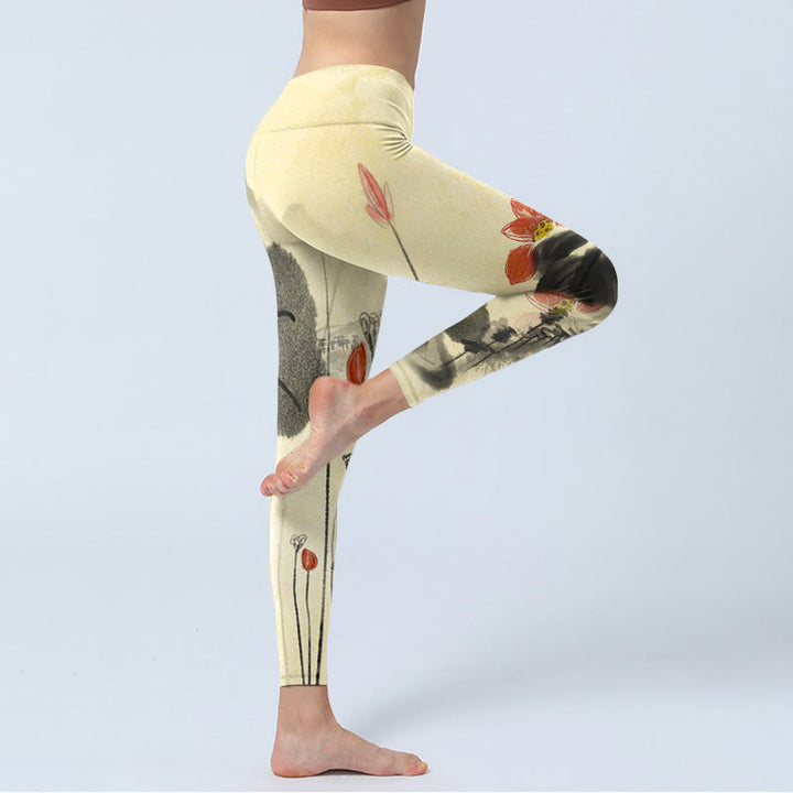 Buddha Stones Lotus Mountains House Print Gym Leggings Women's Yoga Pants