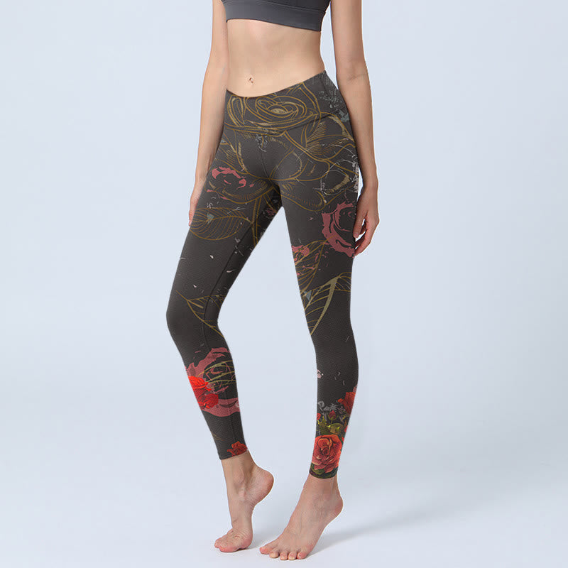 Buddha Stones Red Roses Print Gym Leggings Women's Yoga Pants - Black - US18，UK/AU22，EU50 (4XL) - image 0
