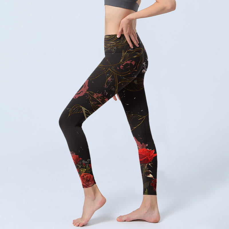 Buddha Stones Red Roses Print Gym Leggings Women's Yoga Pants