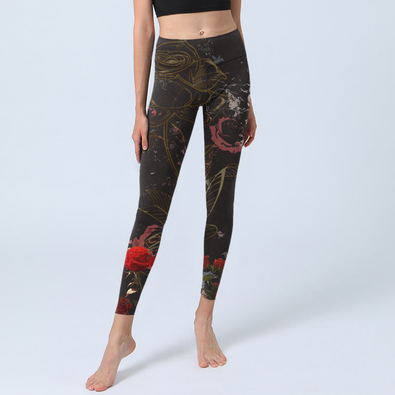 Buddha Stones Red Roses Print Gym Leggings Women's Yoga Pants