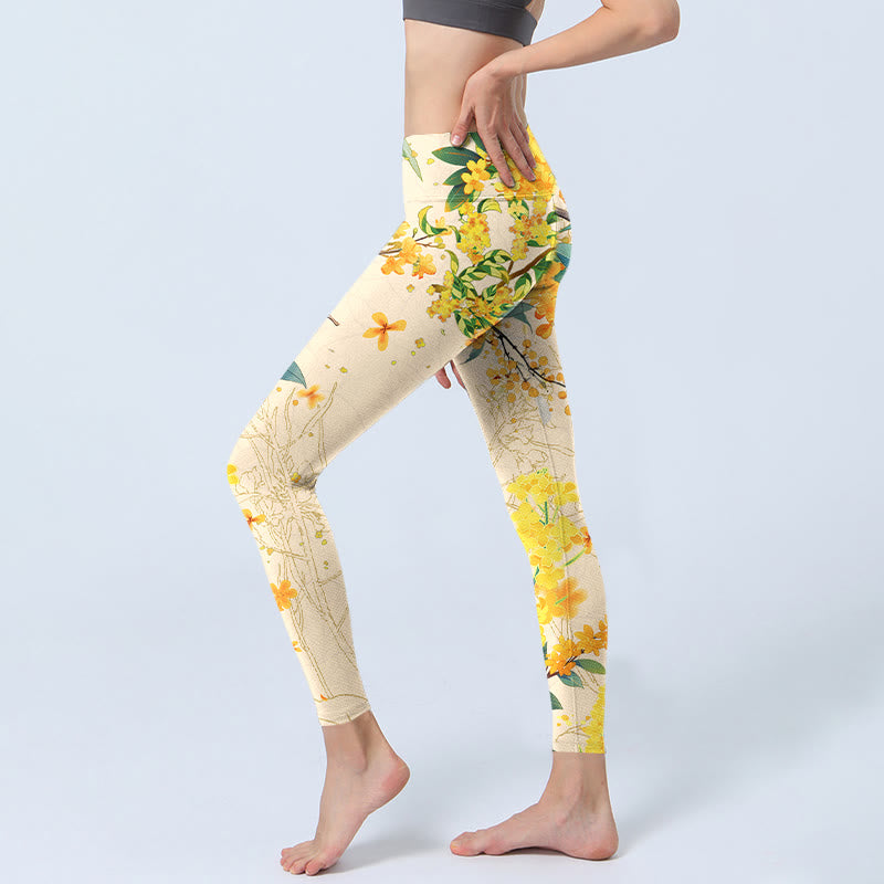 Buddha Stones Yellow Osmanthus Fragrans Rapeseed Print Gym Leggings Women's Yoga Pants - image 2