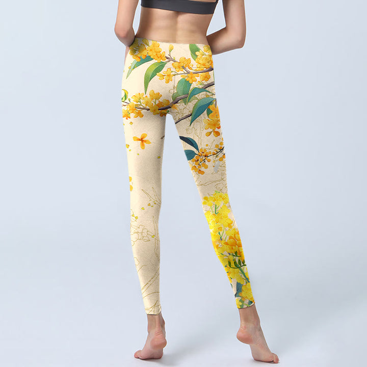 Buddha Stones Yellow Osmanthus Fragrans Rapeseed Print Gym Leggings Women's Yoga Pants