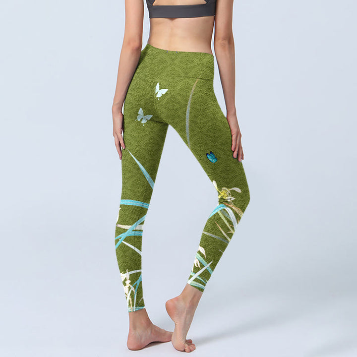 Buddha Stones Green Butterfly Orchid Flowers Print Gym Leggings Women's Yoga Pants