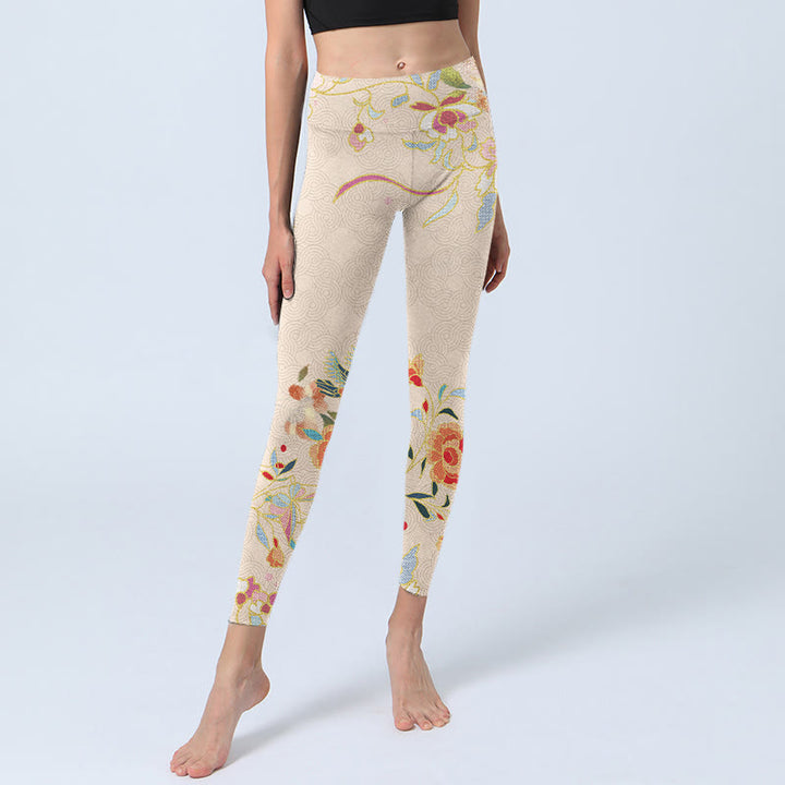 Buddha Stones Apricot Butterfly Peony Flowers Leaves Print Gym Leggings Women's Yoga Pants