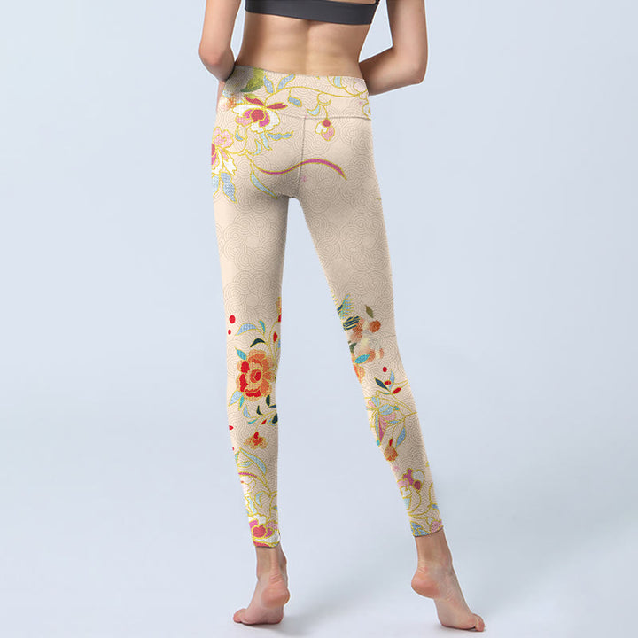 Buddha Stones Apricot Butterfly Peony Flowers Leaves Print Gym Leggings Women's Yoga Pants