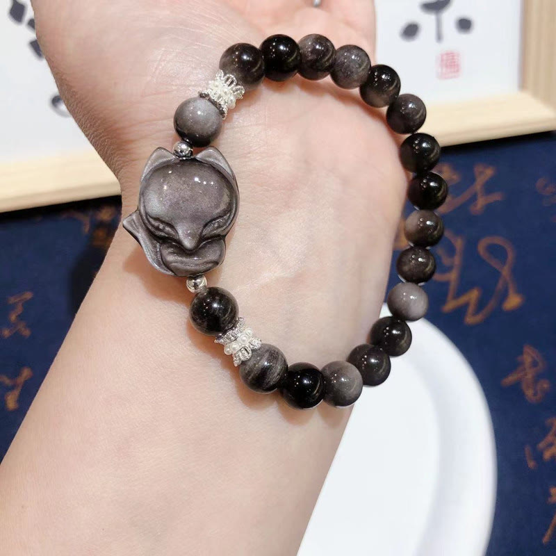 Buddha Stones Natural Silver Sheen Obsidian Nine-Tailed Fox Communication Bracelet