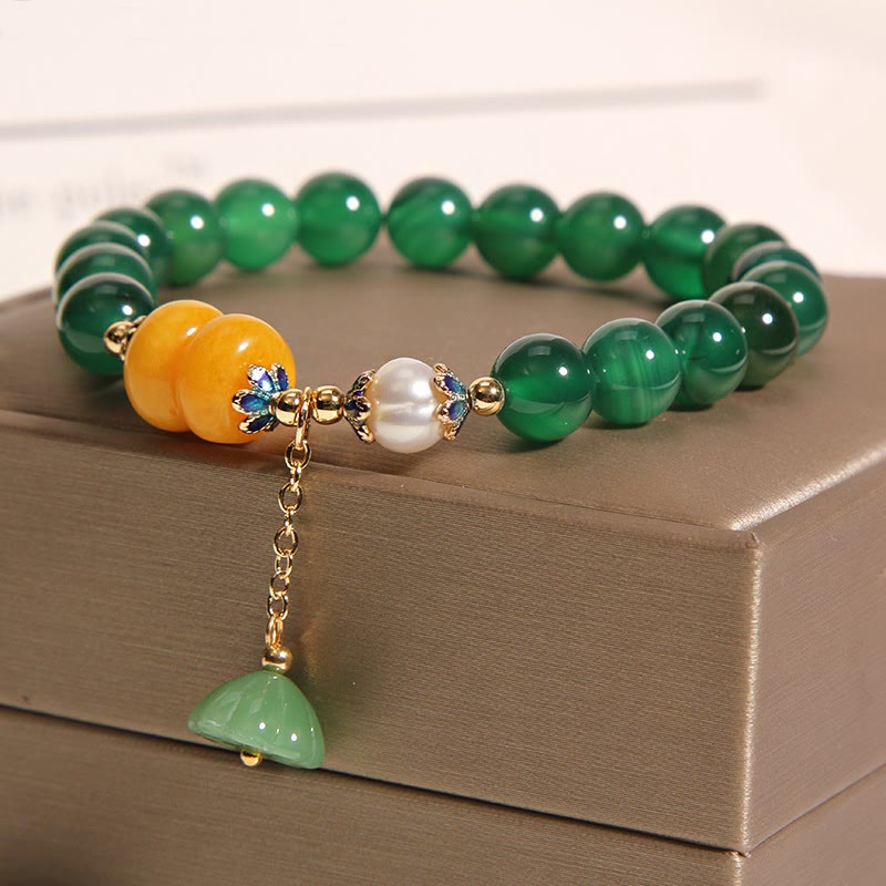 Buddha Stones Green Agate Amber Pearl Lotus Pod Support Bracelet