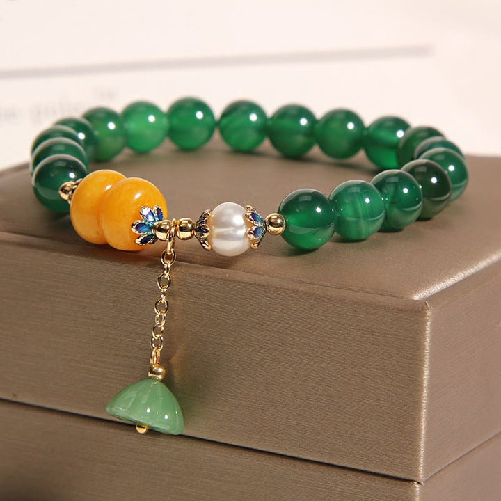 Buddha Stones Green Agate Amber Pearl Lotus Pod Support Bracelet